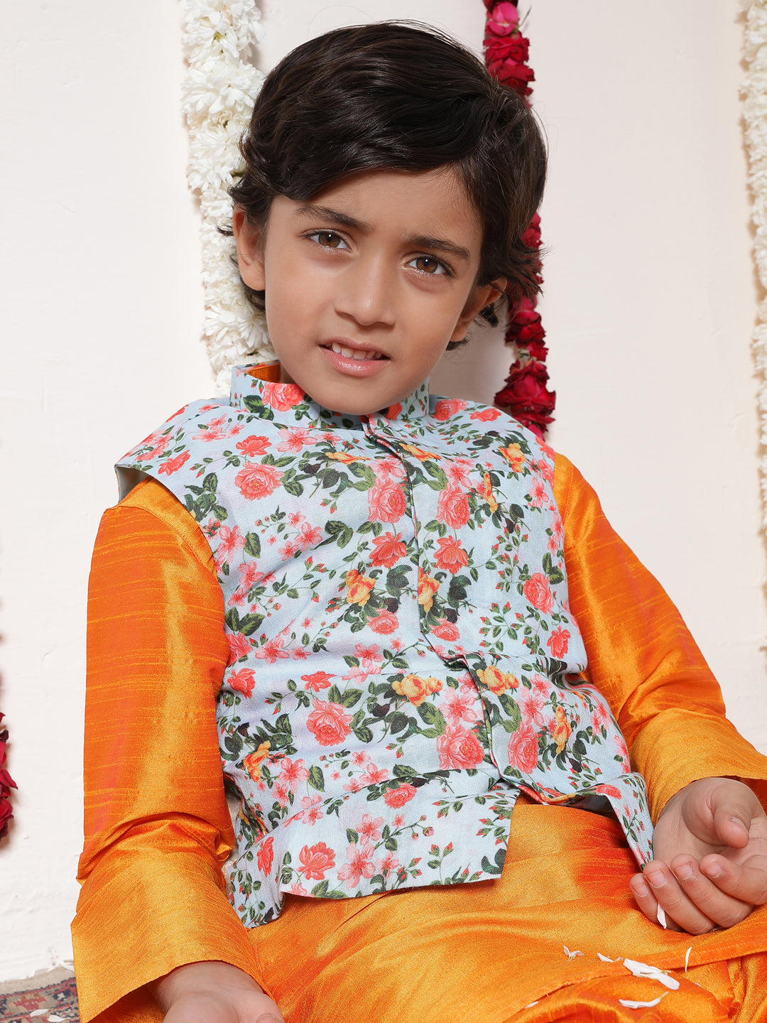 Vastramay Boy's Aqua Floral Printed Nehru Jacket With Orange Kurta And Pyjama Set - qivii