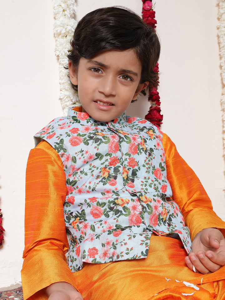 Vastramay Boy's Aqua Floral Printed Nehru Jacket With Orange Kurta And Pyjama Set - qivii