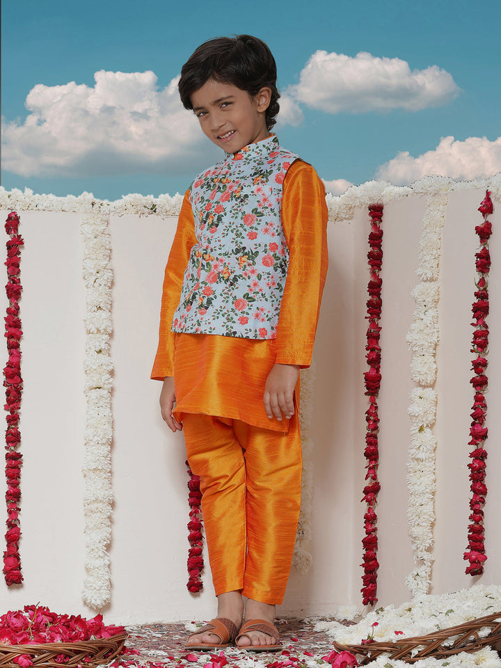 Vastramay Boy's Aqua Floral Printed Nehru Jacket With Orange Kurta And Pyjama Set - qivii