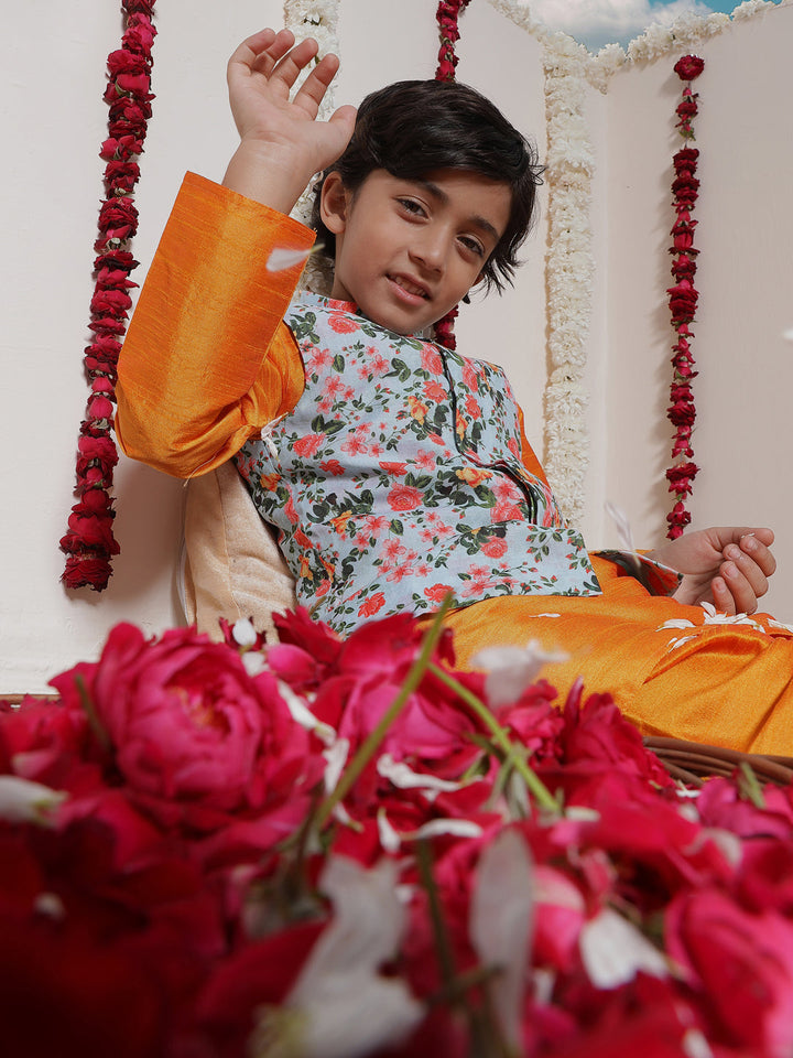 Vastramay Boy's Aqua Floral Printed Nehru Jacket With Orange Kurta And Pyjama Set - qivii