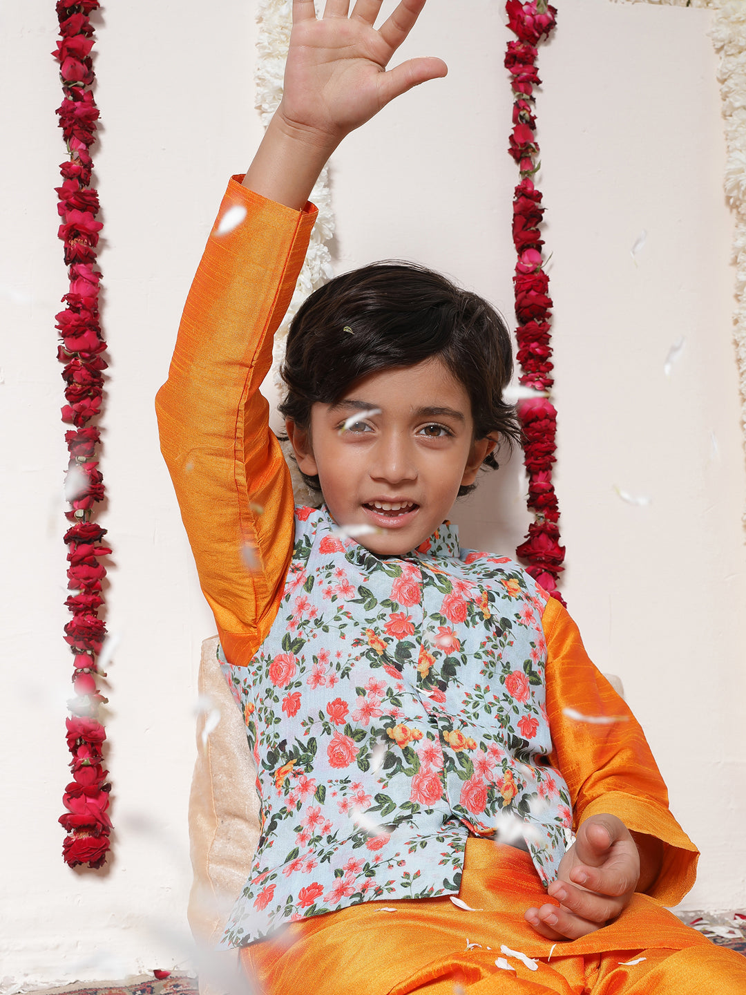 Vastramay Boy's Aqua Floral Printed Nehru Jacket With Orange Kurta And Pyjama Set - qivii
