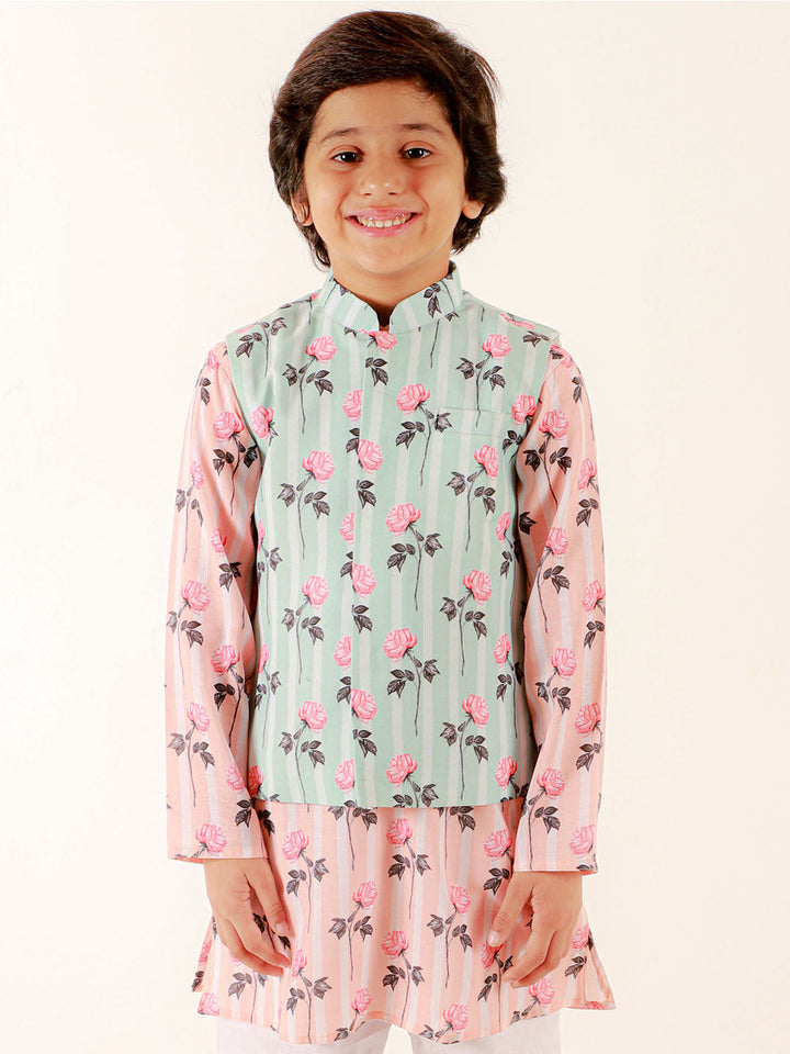Vastramay Boys Peach Floral Printed Nehru Jacket - qivii
