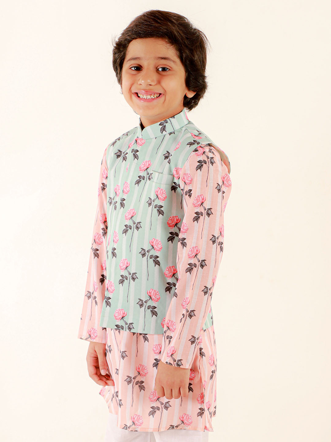 Vastramay Boys Peach Floral Printed Nehru Jacket - qivii