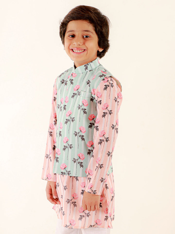 Vastramay Boys Peach Floral Printed Nehru Jacket - qivii