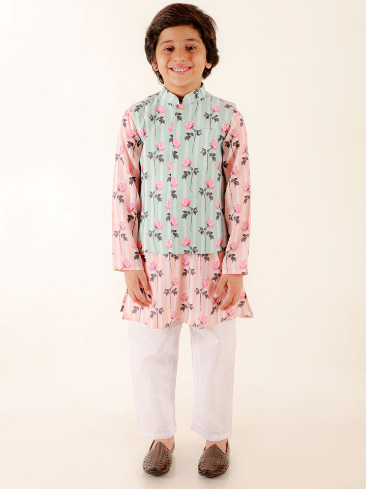 Vastramay Boys Peach Floral Printed Nehru Jacket - qivii