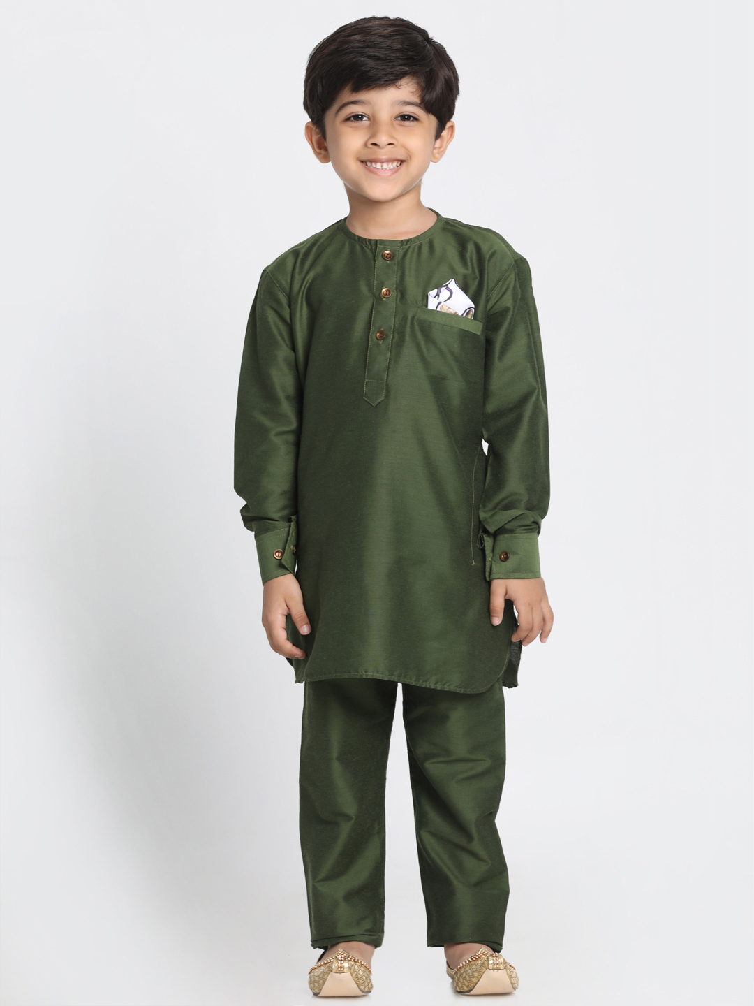 Vastramay Boy's Mehandi Green Cotton Blend Kurta Pyjama Set - qivii