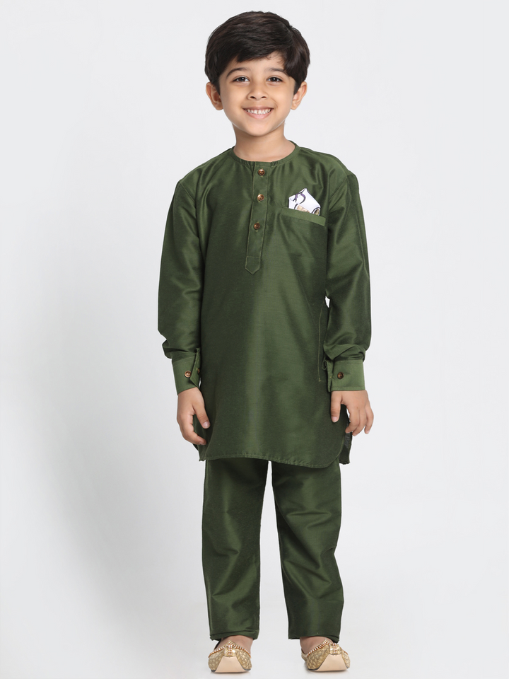 Vastramay Boy's Mehandi Green Cotton Blend Kurta Pyjama Set - qivii