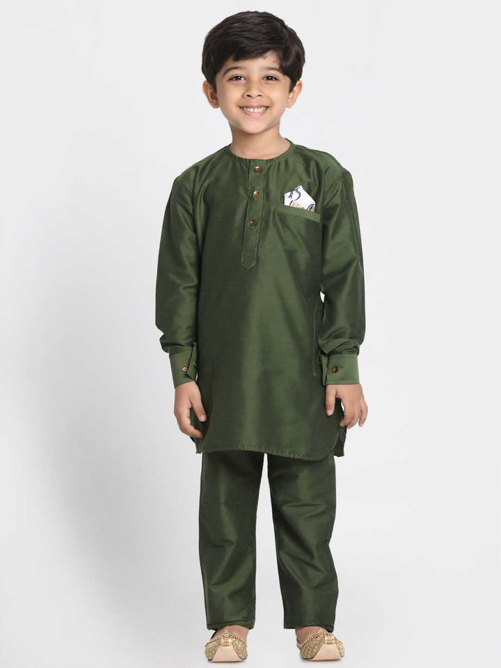 Vastramay Boy's Mehandi Green Cotton Blend Kurta Pyjama Set - qivii