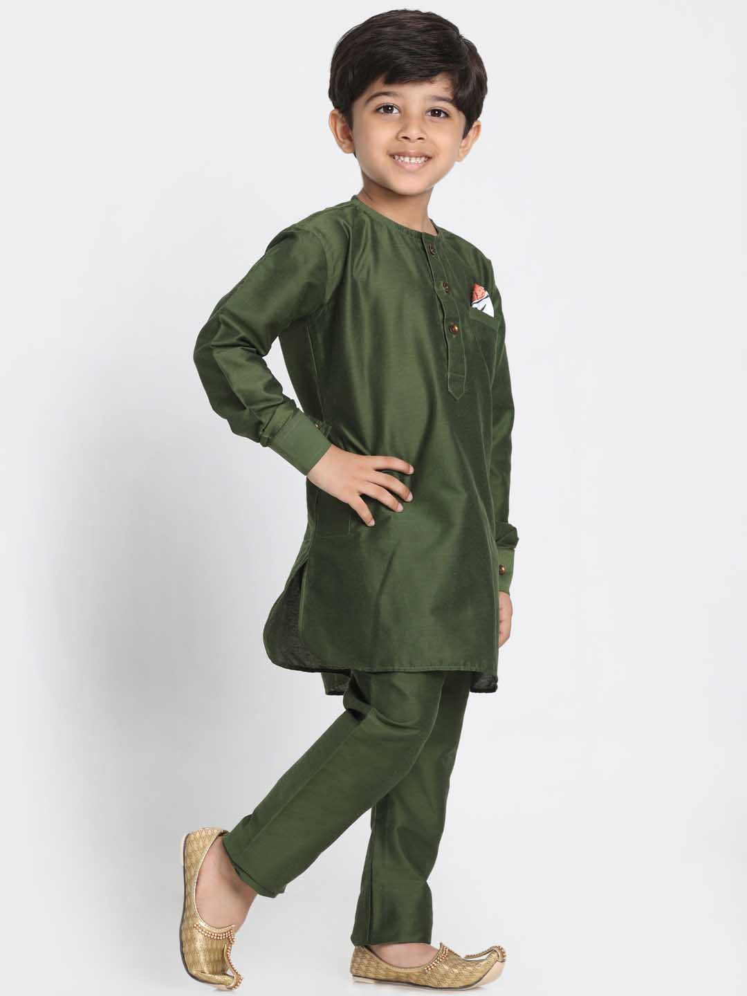 Vastramay Boy's Mehandi Green Cotton Blend Kurta Pyjama Set - qivii