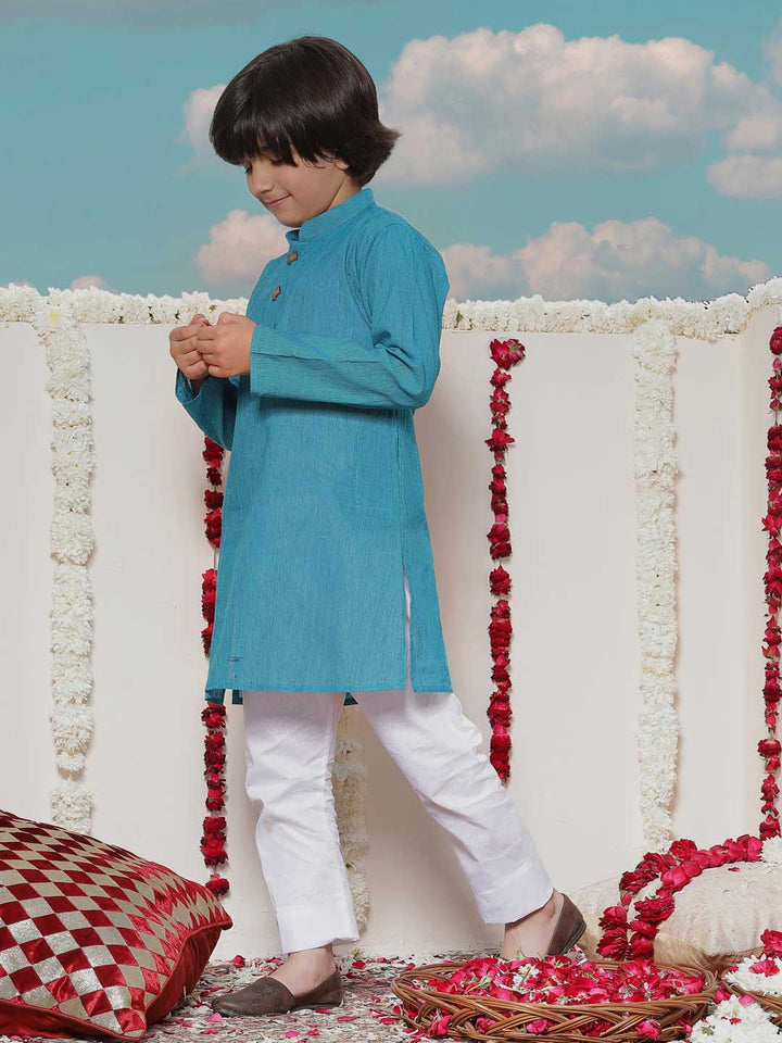 Vastramay Boy's Aqua Blue Cotton Kurta and Pyjama Set - qivii