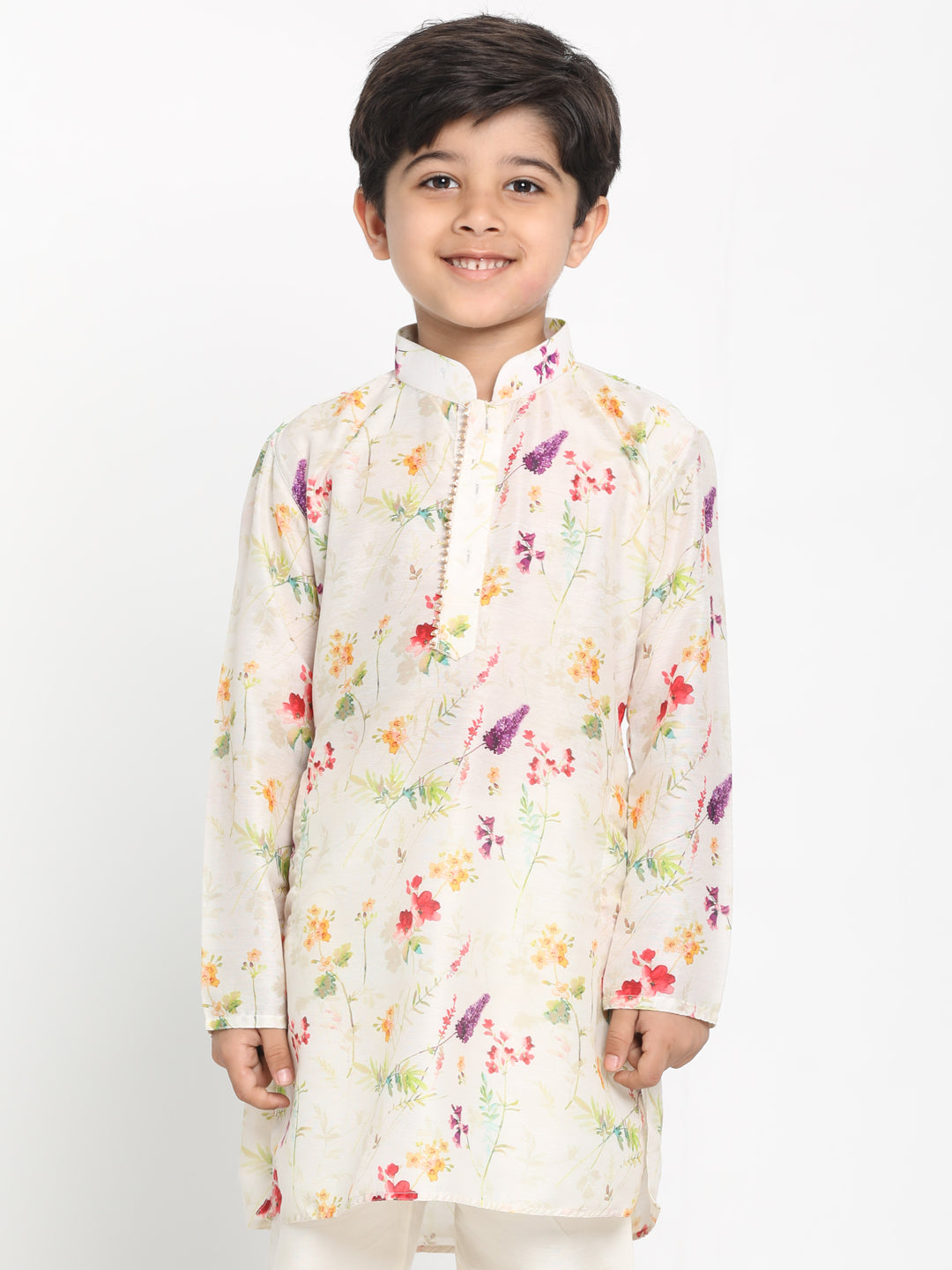 VASTRAMAY Boy's Multicolor-Base-Cream Cotton Blend Printed Kurta - qivii
