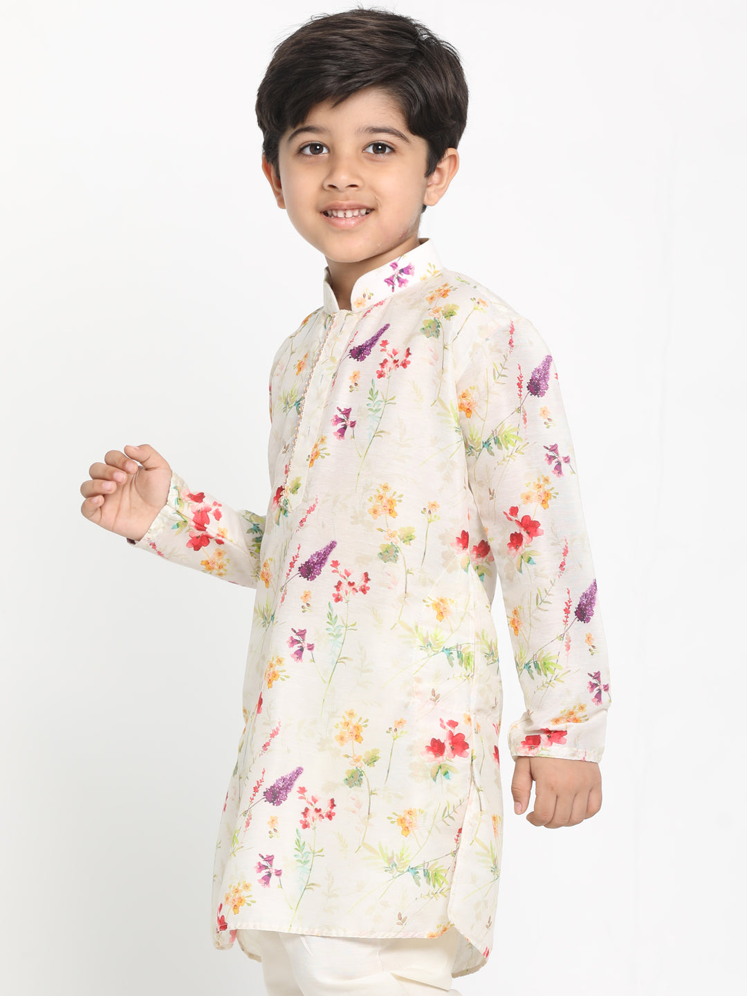 VASTRAMAY Boy's Multicolor-Base-Cream Cotton Blend Printed Kurta - qivii