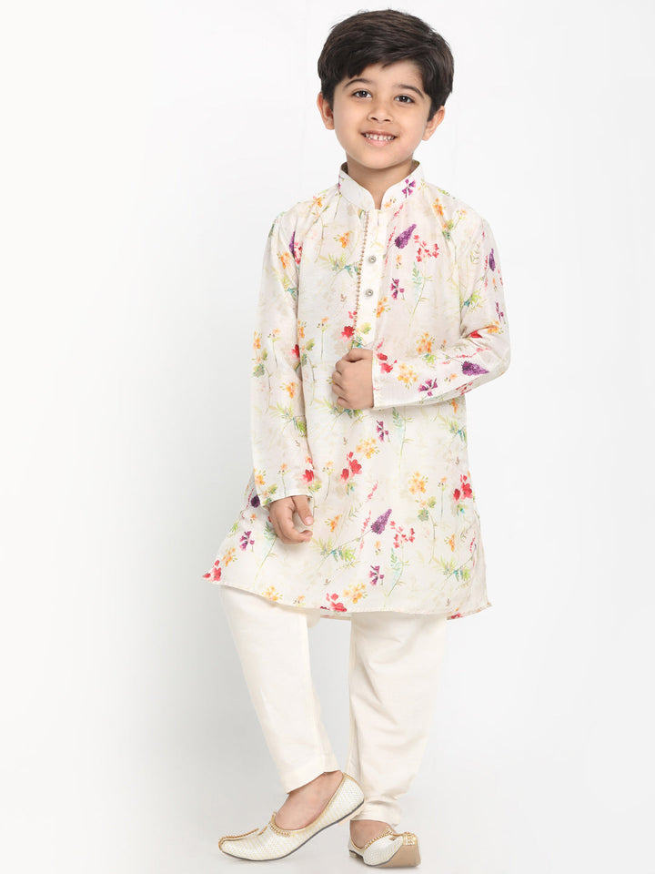 VASTRAMAY Boy's Multicolor-Base-Cream Cotton Blend Printed Kurta - qivii