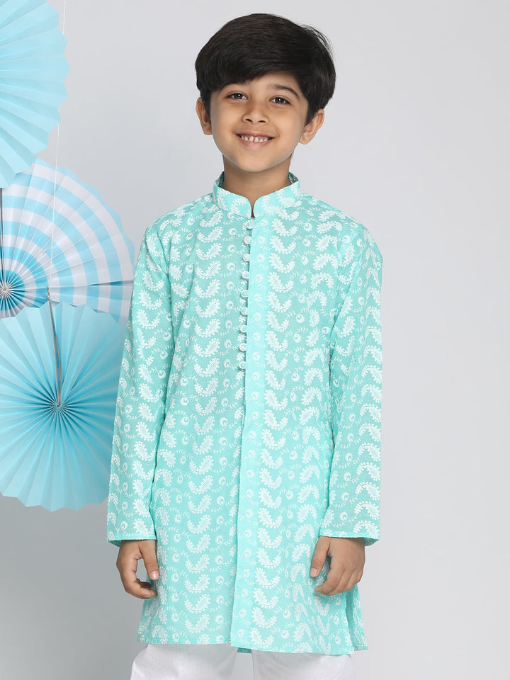 VASTRAMAY Boy's Green Lukhnowi Chikankari Kurta - qivii
