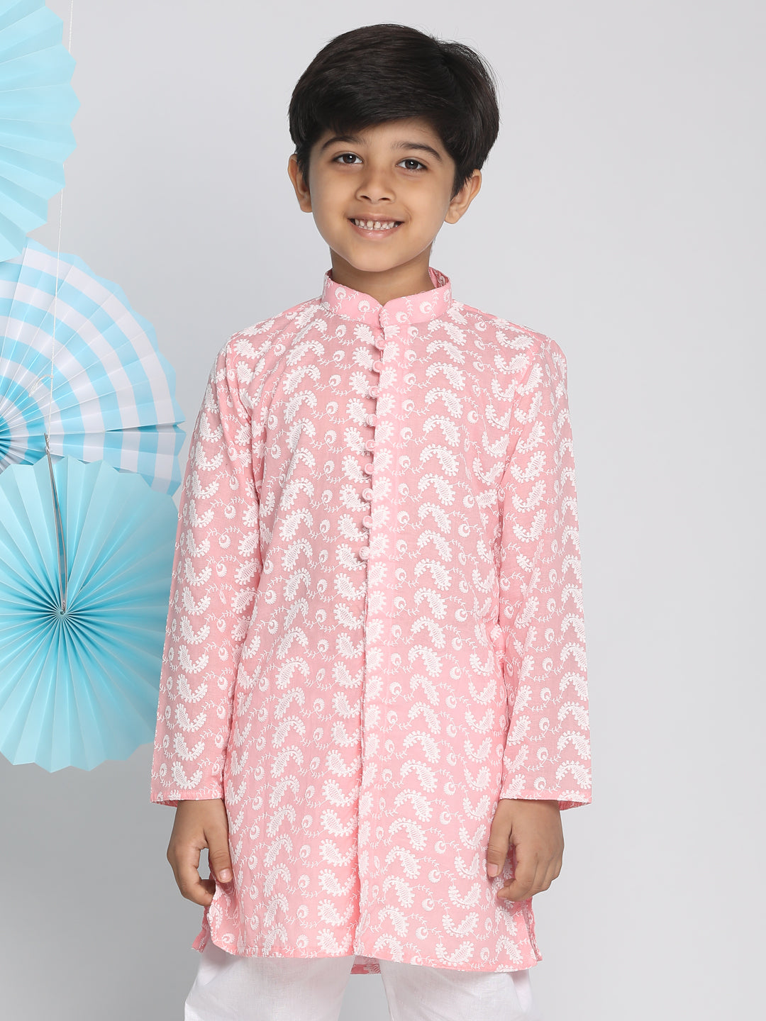 VASTRAMAY Boy's Pink Lukhnowi Chikankari Kurta - qivii