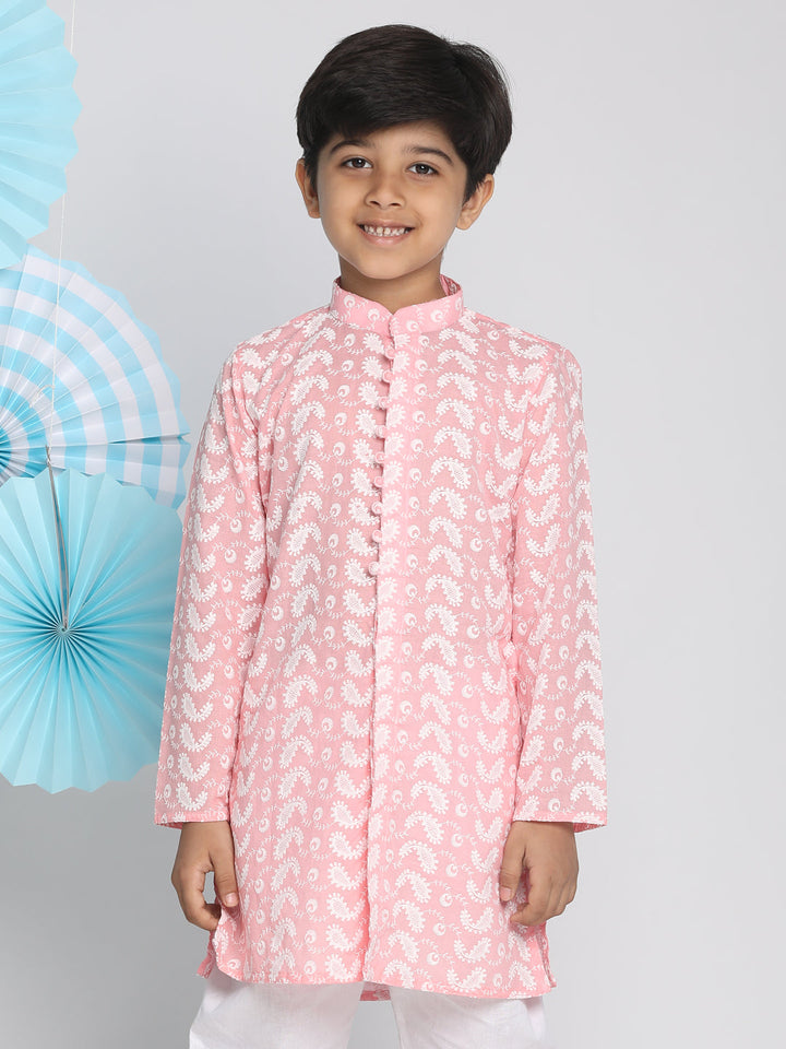 VASTRAMAY Boy's Pink Lukhnowi Chikankari Kurta - qivii