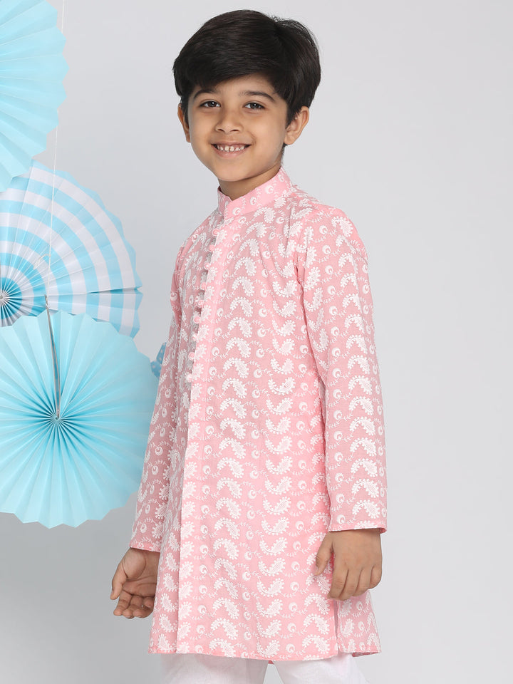 VASTRAMAY Boy's Pink Lukhnowi Chikankari Kurta - qivii