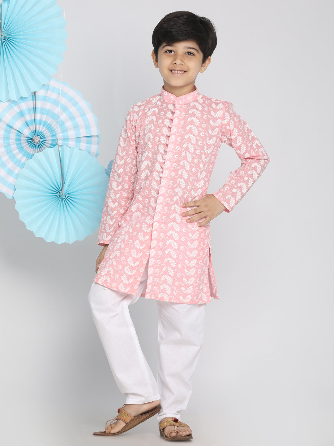 VASTRAMAY Boy's Pink Lukhnowi Chikankari Kurta - qivii
