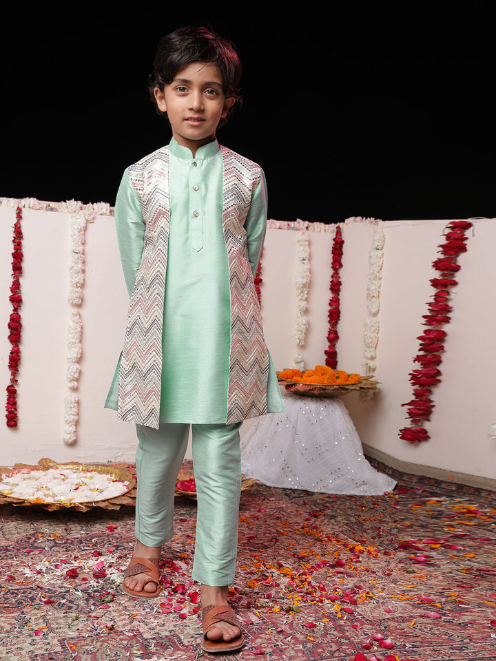 Vastramay Boys' Mint Green Flap Kurta Pyjama Set - qivii