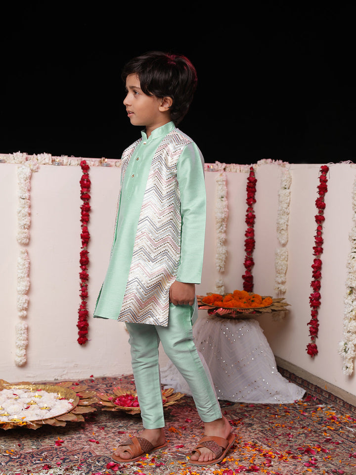 Vastramay Boys' Mint Green Flap Kurta Pyjama Set - qivii