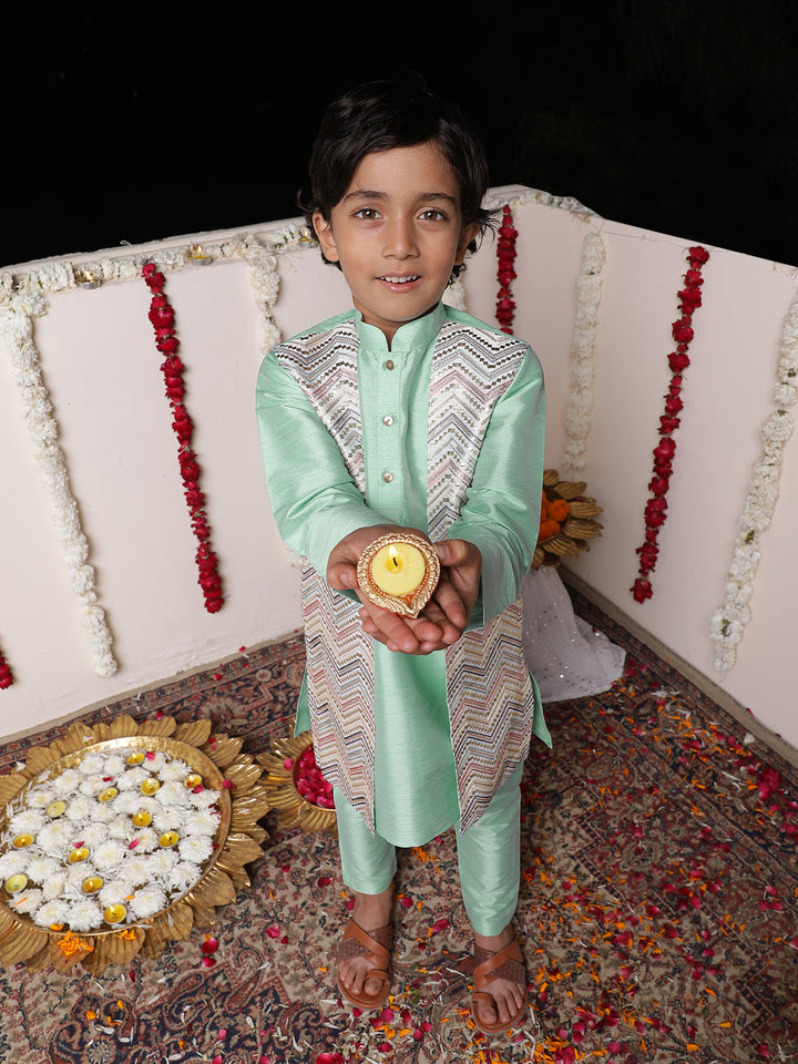 Vastramay Boys' Mint Green Flap Kurta Pyjama Set - qivii