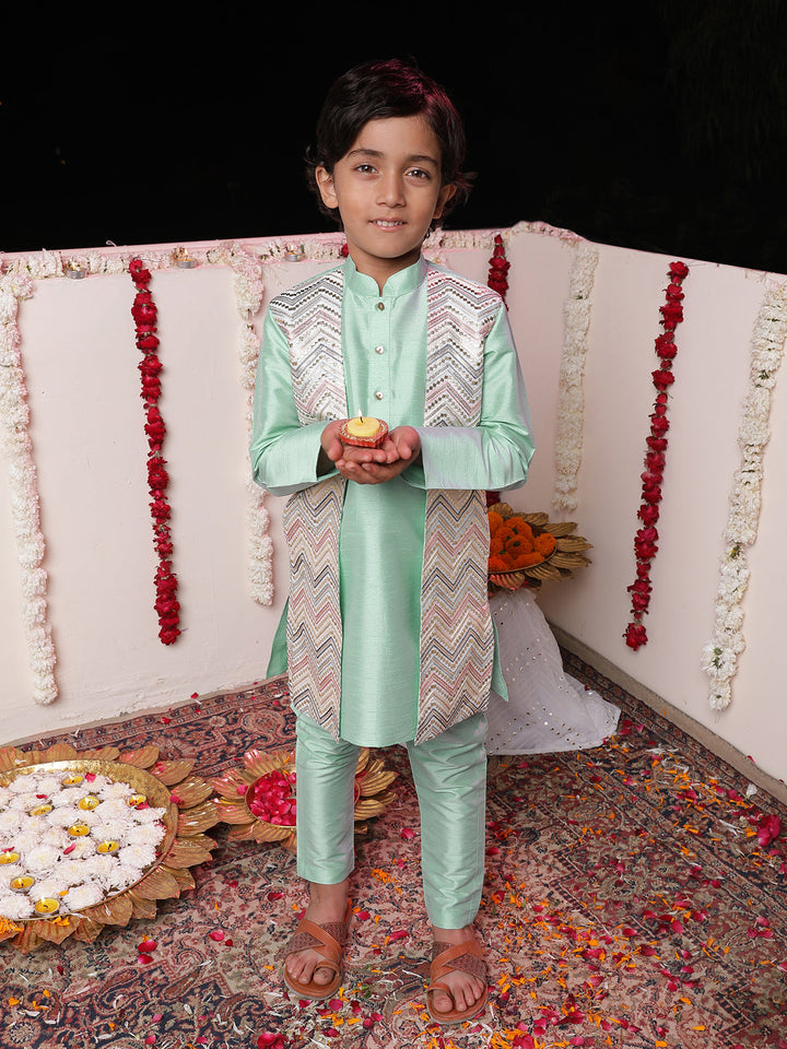 Vastramay Boys' Mint Green Flap Kurta Pyjama Set - qivii