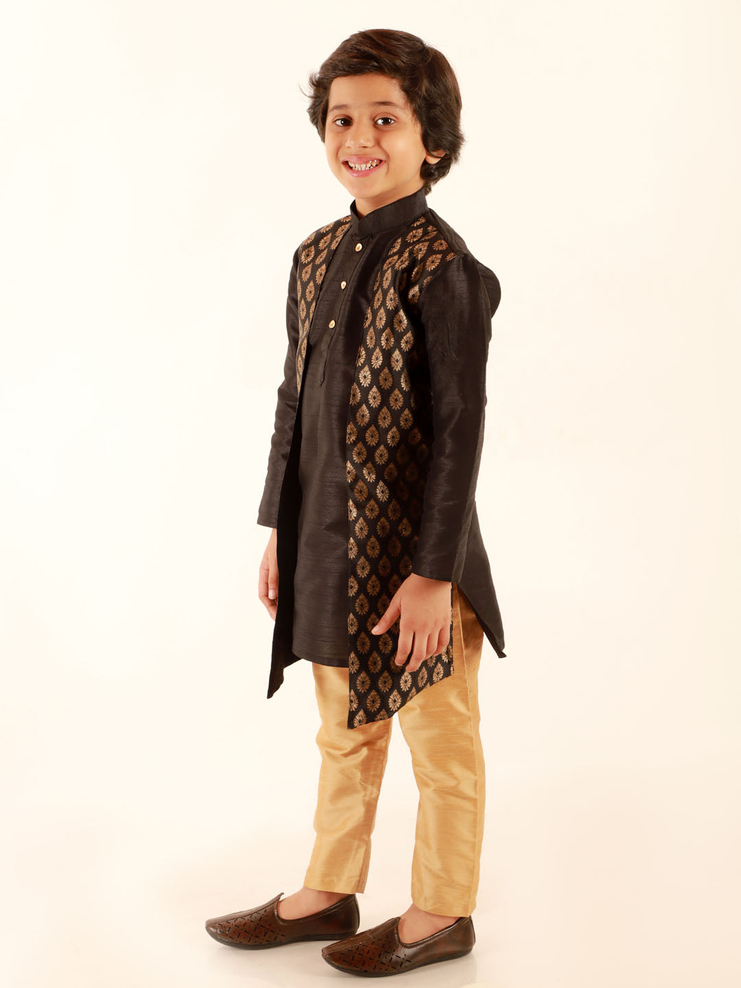 Vastramay Boys' Black Jacket Style Kurta And Rose Gold Pyjama Set - qivii