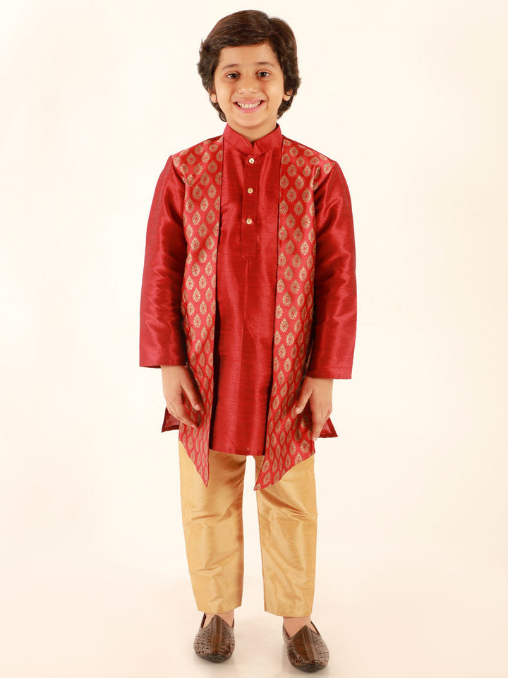Vastramay Boys' Maroon Jacket Style Kurta And Rose Gold Pyjama Set - qivii