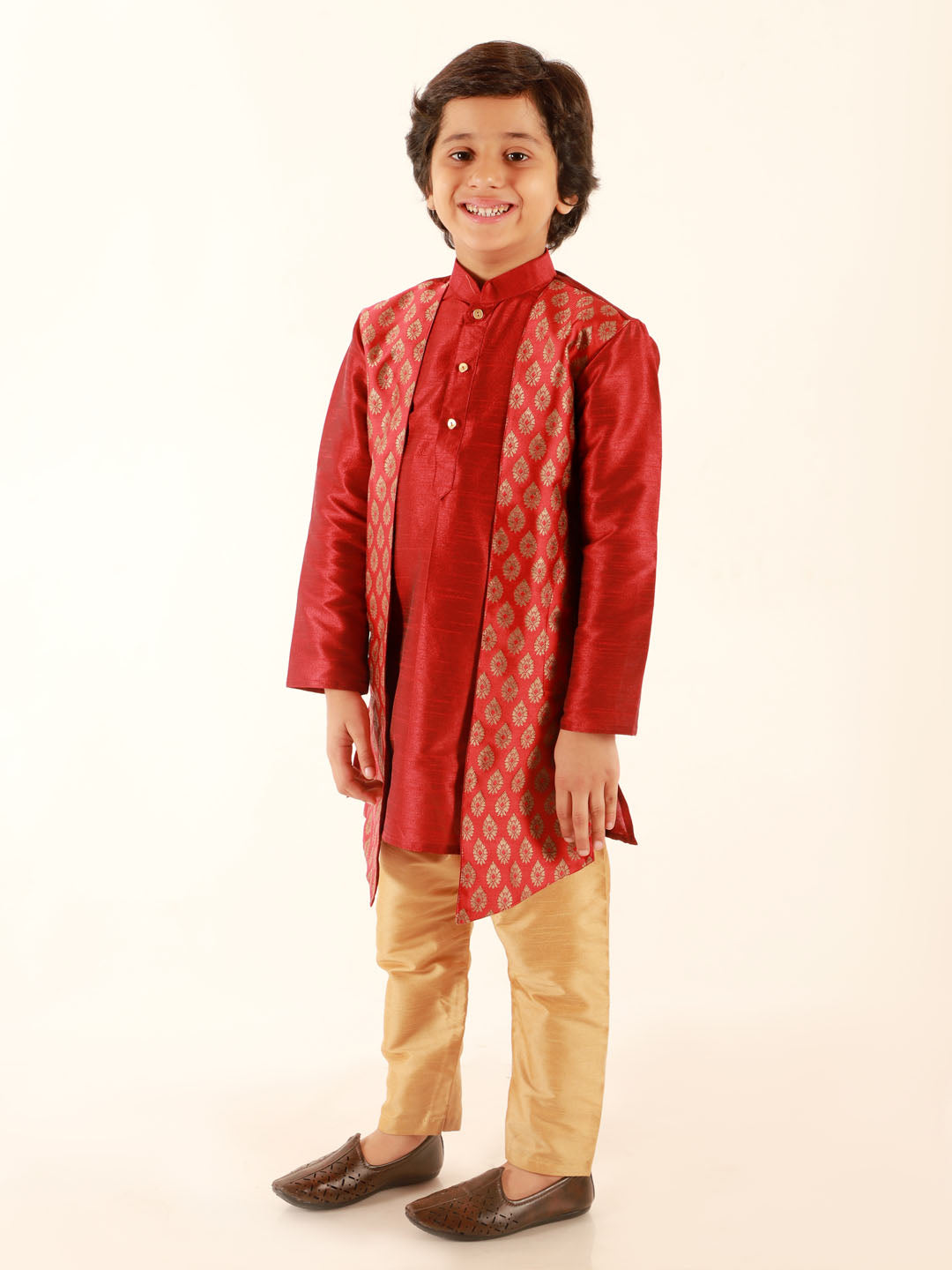 Vastramay Boys' Maroon Jacket Style Kurta And Rose Gold Pyjama Set - qivii
