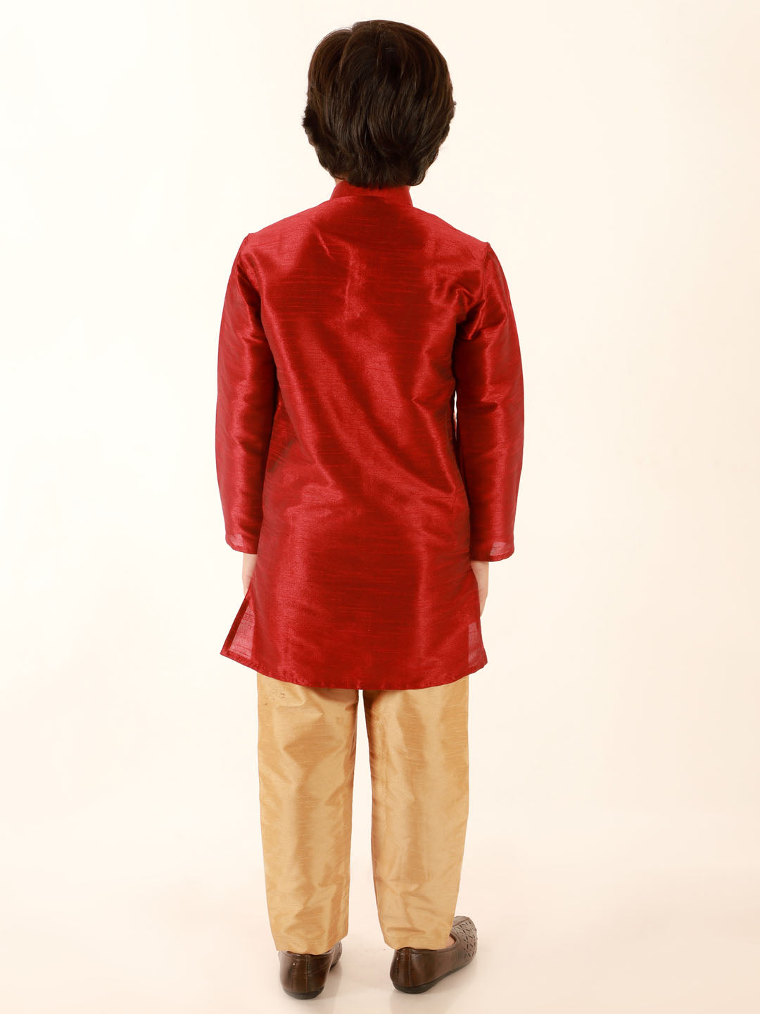 Vastramay Boys' Maroon Jacket Style Kurta And Rose Gold Pyjama Set - qivii
