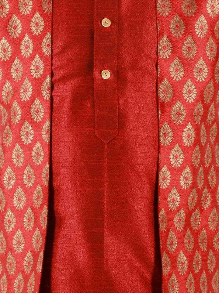 Vastramay Boys' Maroon Jacket Style Kurta And Rose Gold Pyjama Set - qivii
