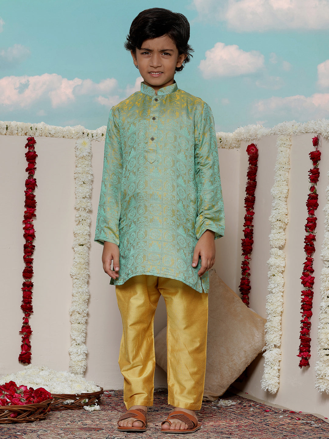 Vastramay Boys' Mustard And Green Jacquard Kurta Pyjama Set - qivii