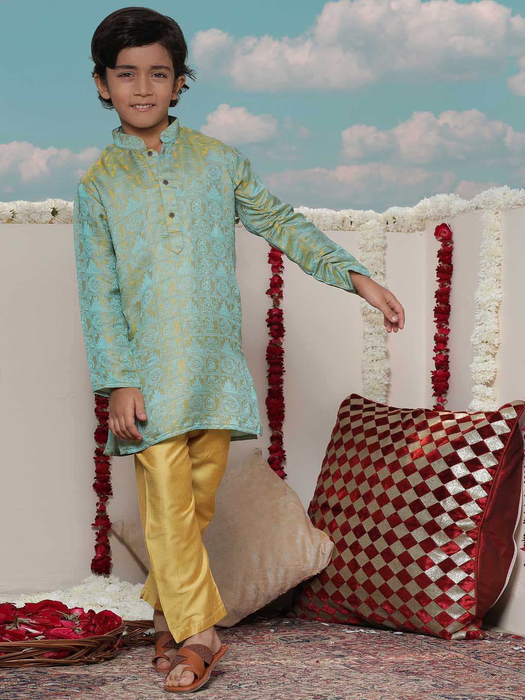 Vastramay Boys' Mustard And Green Jacquard Kurta Pyjama Set - qivii