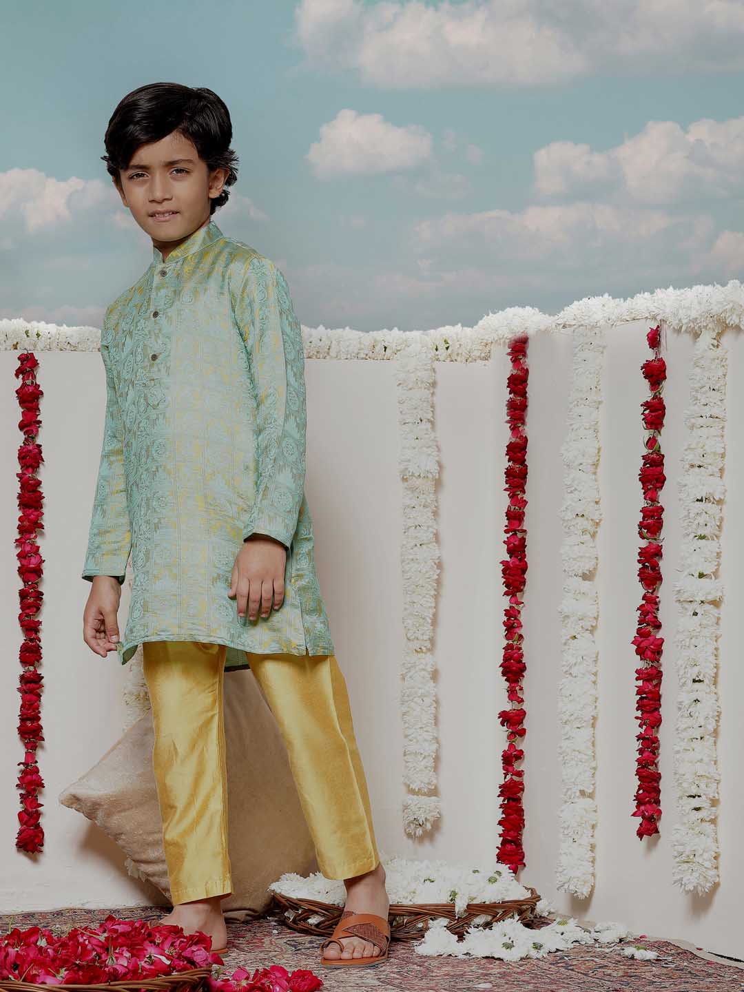 Vastramay Boys' Mustard And Green Jacquard Kurta Pyjama Set - qivii