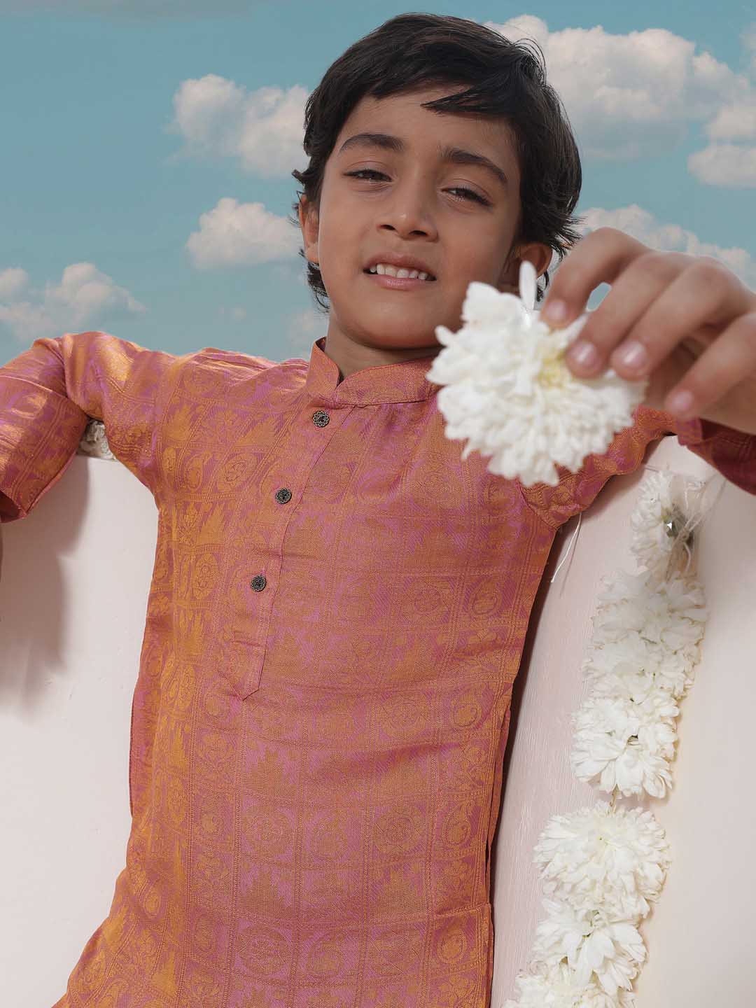 Vastramay Boys' Pink Jacquard Kurta Pyjama Set - qivii