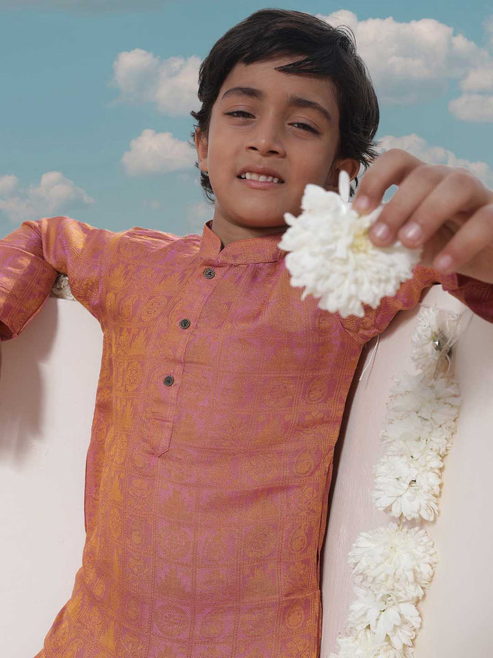 Vastramay Boys' Pink Jacquard Kurta Pyjama Set - qivii