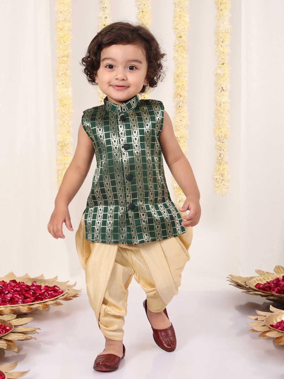 VASTRAMAY Boys' Green Brocade Kurta Dhoti Set - qivii
