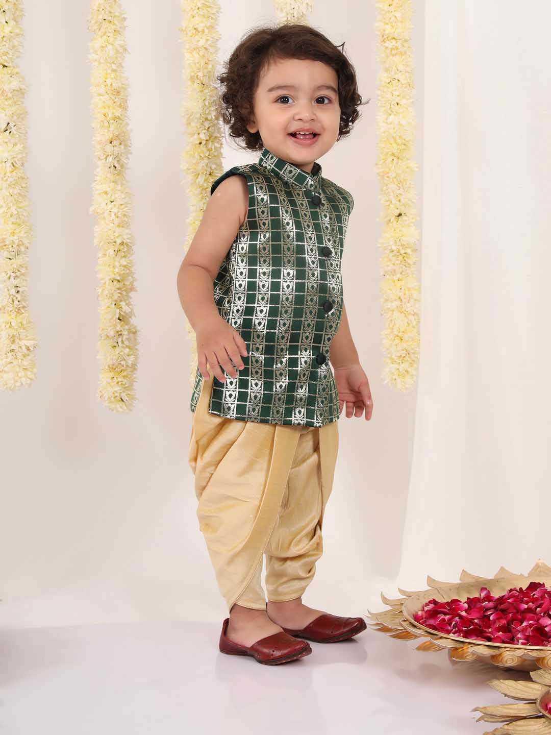 VASTRAMAY Boys' Green Brocade Kurta Dhoti Set - qivii
