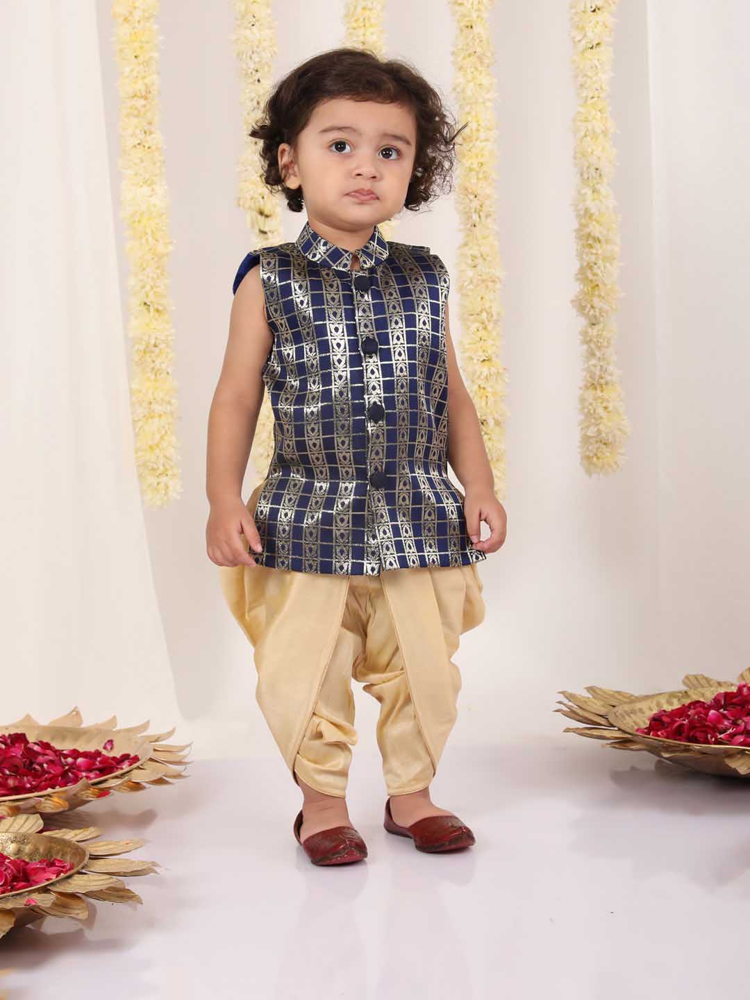VASTRAMAY Boys' Navy Blue Brocade Kurta Dhoti Set - qivii