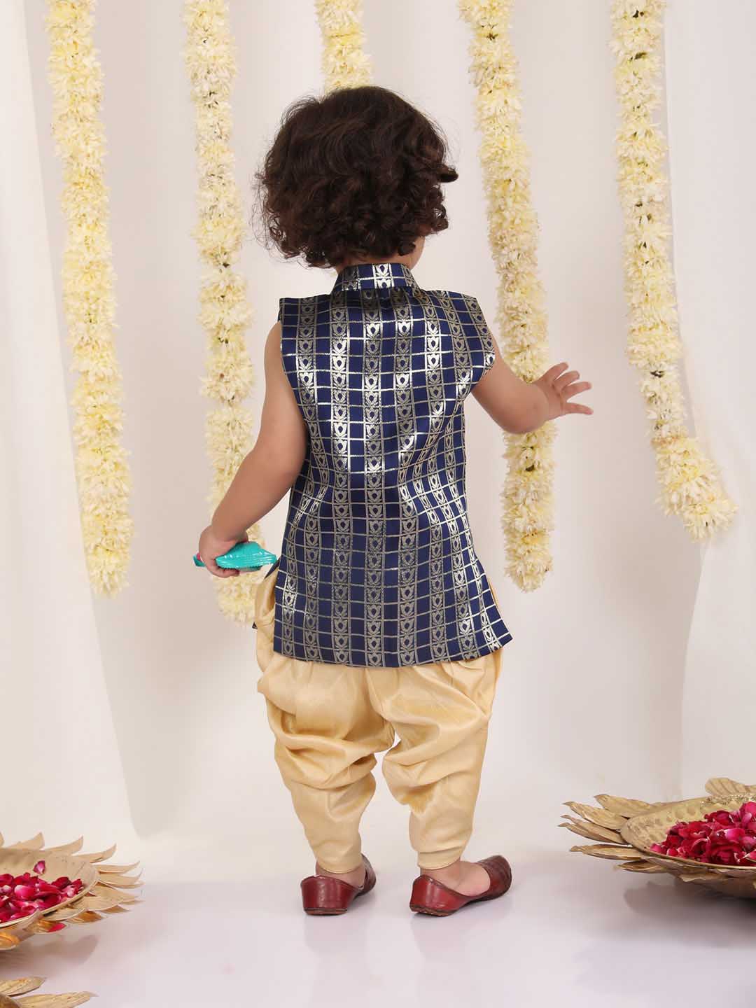 VASTRAMAY Boys' Navy Blue Brocade Kurta Dhoti Set - qivii