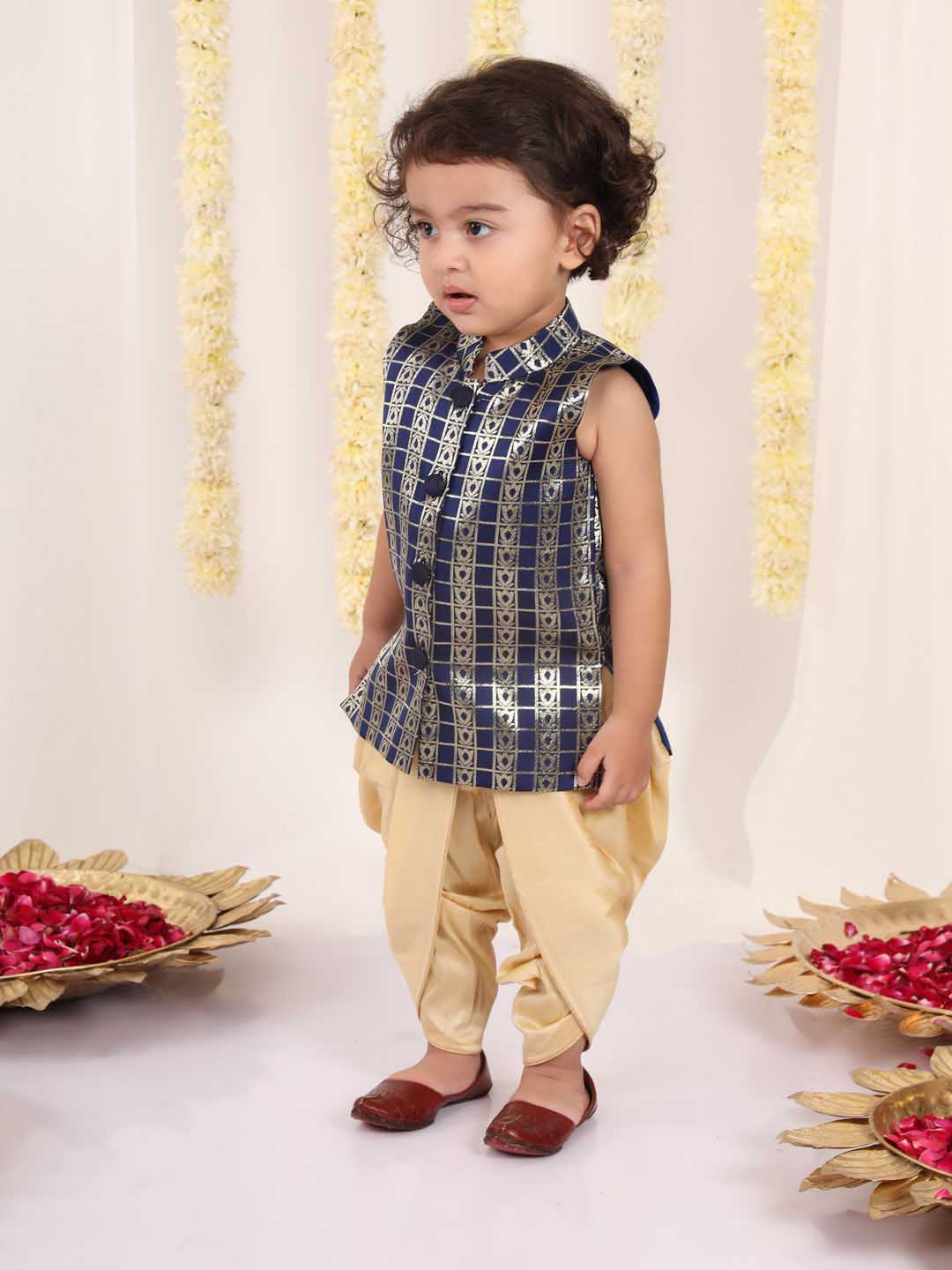 VASTRAMAY Boys' Navy Blue Brocade Kurta Dhoti Set - qivii