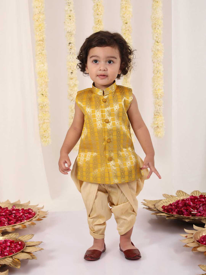 VASTRAMAY Boys' Yellow Brocade Kurta Dhoti Set - qivii
