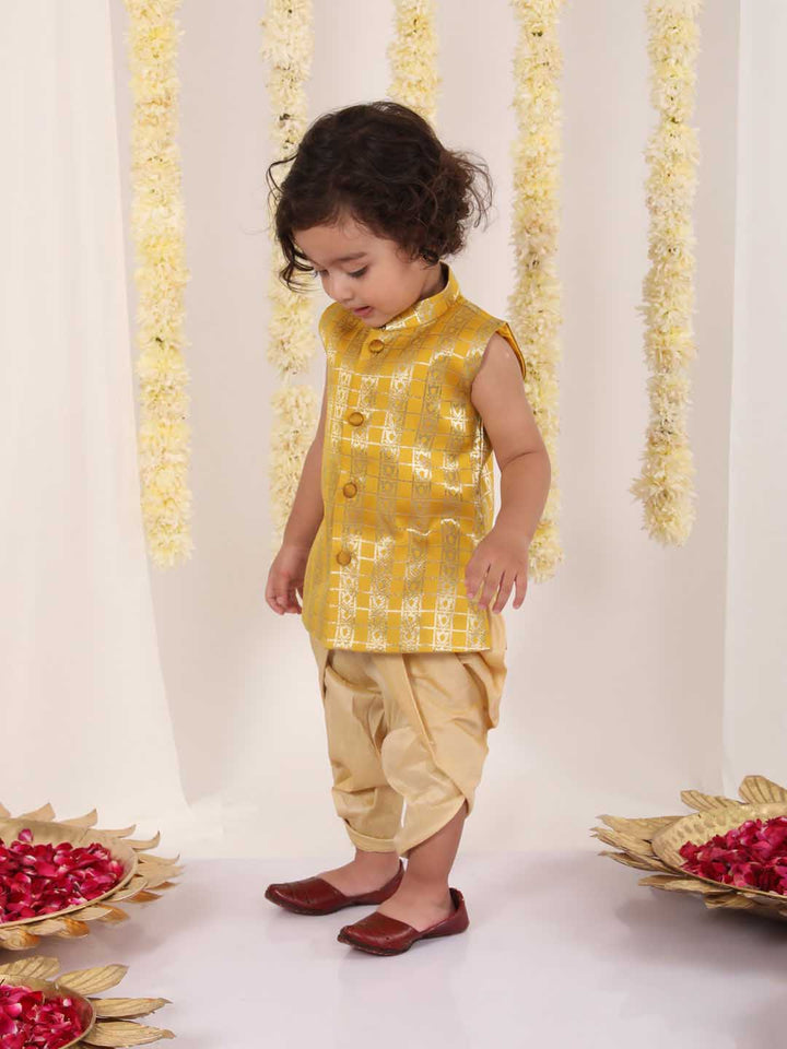 VASTRAMAY Boys' Yellow Brocade Kurta Dhoti Set - qivii
