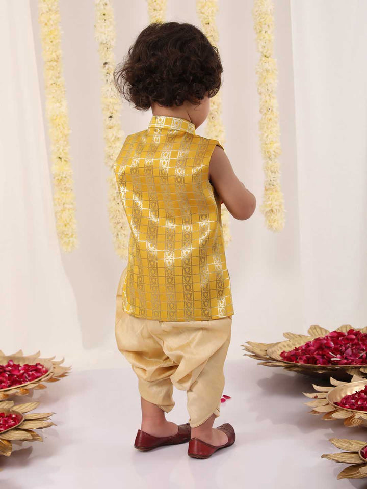 VASTRAMAY Boys' Yellow Brocade Kurta Dhoti Set - qivii