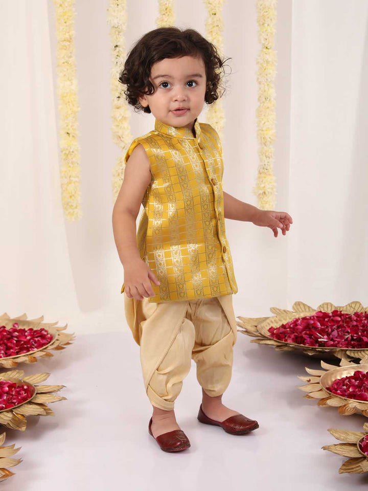 VASTRAMAY Boys' Yellow Brocade Kurta Dhoti Set - qivii