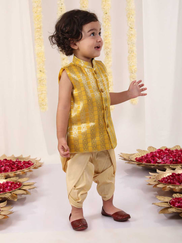 VASTRAMAY Boys' Yellow Brocade Kurta Dhoti Set - qivii