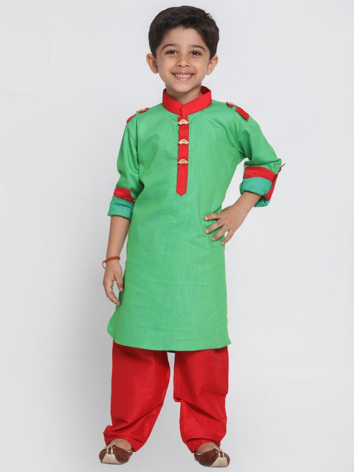 VASTRAMAY Boys Green Cotton Pathani Suit Set - qivii