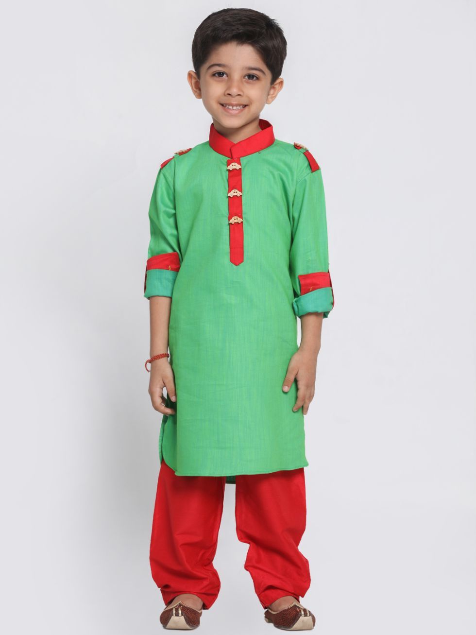 VASTRAMAY Boys Green Cotton Pathani Suit Set - qivii