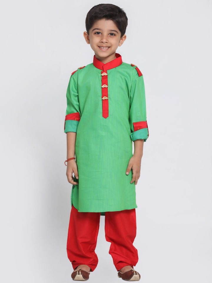 VASTRAMAY Boys Green Cotton Pathani Suit Set - qivii