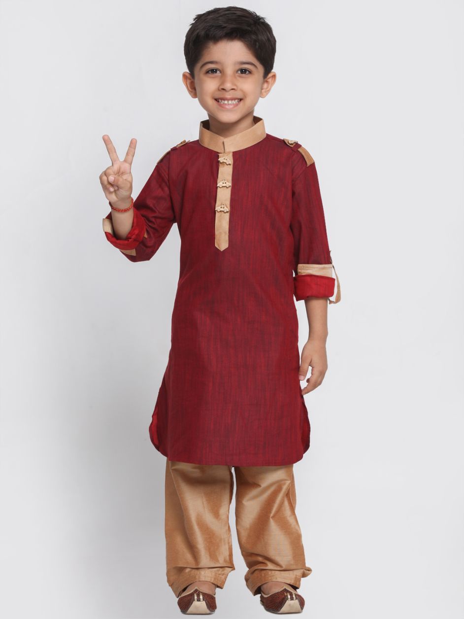 VASTRAMAY Boy's Maroon Cotton Pathani Suit - qivii